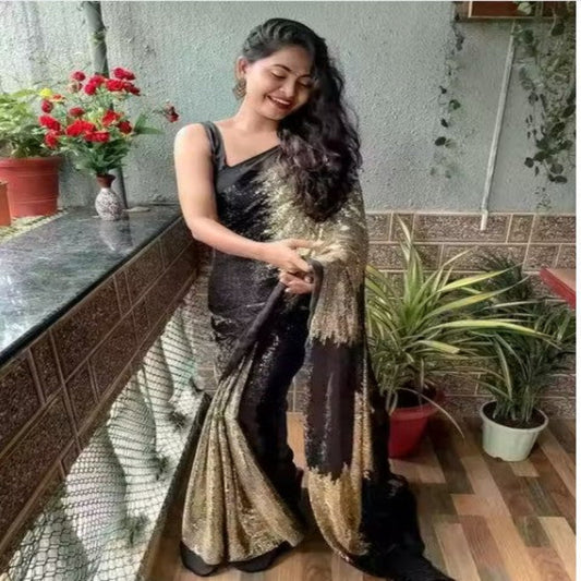 Designer Sequin Saree (Black & Gold)