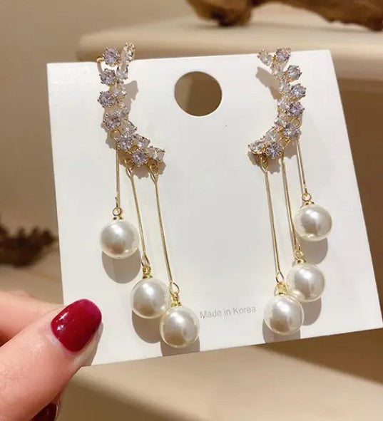 Korean-Style Ear Cuff with Pearl Tassel Drops