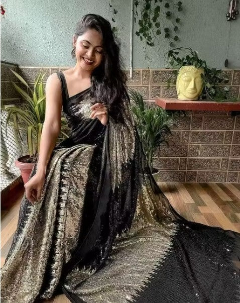Designer Sequin Saree (Black & Gold)