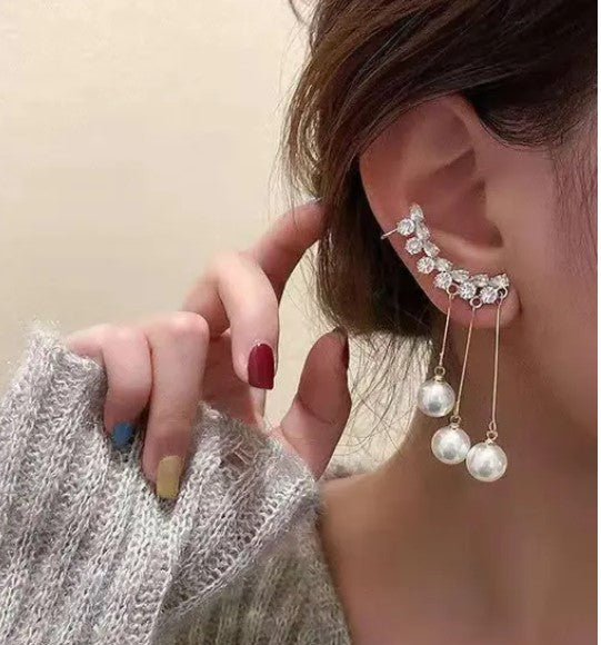 Korean-Style Ear Cuff with Pearl Tassel Drops