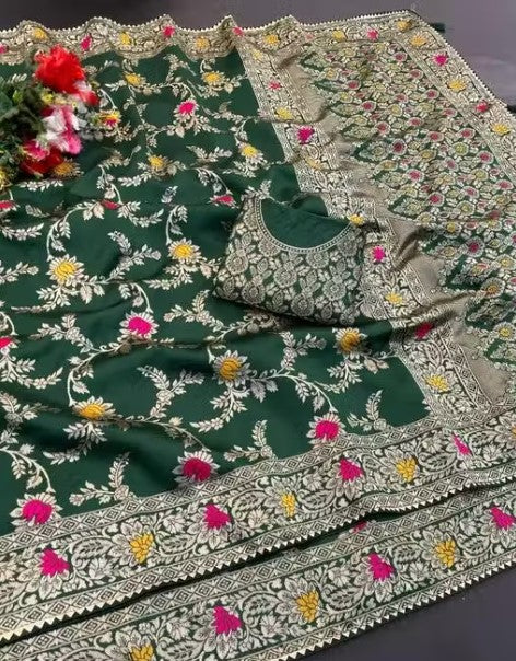 Latest Designer Banarasi Silk Saree for Women With Unstitched (brocade) Blouse Piece