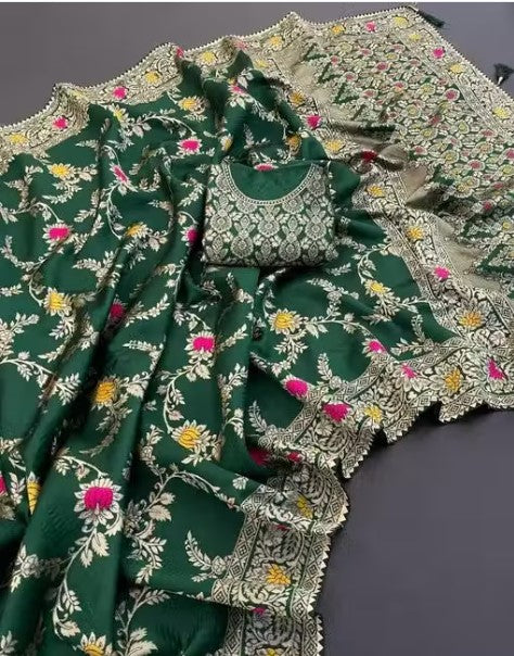 Latest Designer Banarasi Silk Saree for Women With Unstitched (brocade) Blouse Piece